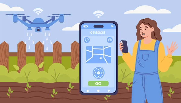 Agricultor Con Concepto Tecnología Inteligente Mujer Con Dron Cerca Del — Vector de stock