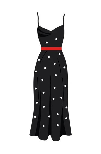 女性のブラックドレスベクターのコンセプト ファッション トレンド スタイル アパレルとウェア トレンディな服と夏の服 ポスターやバナー 白い背景に隔離された漫画の平らなベクターのイラスト — ストックベクタ