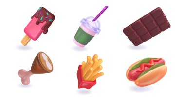 Fast food seti. Volumetrik dondurma ve tatlı çikolata, tavuk budu ve patates kızartması, bardakta soda ve plastik gerçekçi sosisli sandviç. 3d vektör koleksiyonu beyaz arkaplanda izole edildi