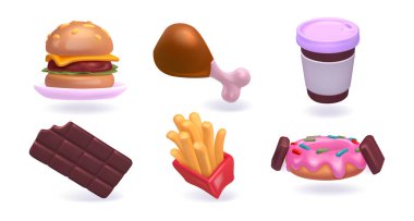 Fast food seti. Patates kızartması ve hamburger, kahve ve çikolata, tavuk ve donut ile renkli plastik gerçekçi rozetler. Sokak yemeği ve içecekleri. 3d vektör koleksiyonu beyaz arkaplanda izole edildi