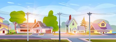 Şehir peyzajı. Sabahın erken saatlerinde banliyöde ya da kasabada evler ve binalar, yol ve sokak lambaları olan yatay poster. Kır evleri olan terk edilmiş alanların manzarası. Çizgi film düz vektör çizimi