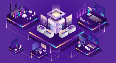 İnsanlar verileri ve istatistikleri analiz eder. Karakter grafik ve grafikle etkileşime girer, web programlama ve iş stratejileri geliştirir. Beyaz arkaplanda izole edilmiş Isometric realistik 3d vektör çizimi