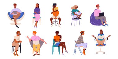 İnsanlar farklı sandalyelerde oturuyor. Lotus pozisyonundaki karakterler konuşuyor. Tabure ve koltuklarda gülümseyen kadın ve erkekler. Çizgi film düz vektör koleksiyonu beyaz arkaplanda izole edildi