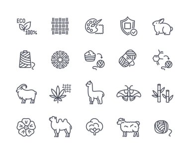 Eko kumaş materyal simgeleri ayarlandı. Doğal tekstil ve giysili çıkartmalar, bambu ve keten, ipek ve deri, kaşmir ve kıl. Beyaz arkaplanda izole edilmiş doğrusal düz vektör koleksiyonu
