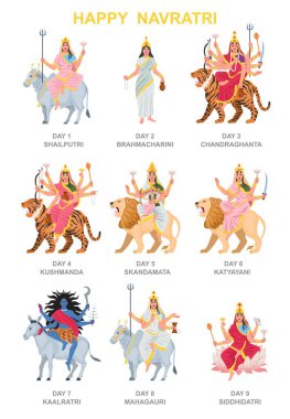 Dokuz Hint tanrıçası Devi seti. Navadurga karakteriyle mutlu Navratri festivali kutlamaları. Hindistan kültürünün dini gelenekleri. Çizgi film düz vektör koleksiyonu beyaz arkaplanda izole edildi