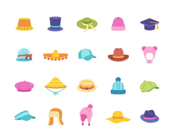涂鸦帽和帽子图标设置 五颜六色的贴纸 头戴头饰 绅士投球和贝雷帽 老式的菲洛拉和贝尼帽 在白色背景上孤立的卡通平面矢量 — 图库矢量图片