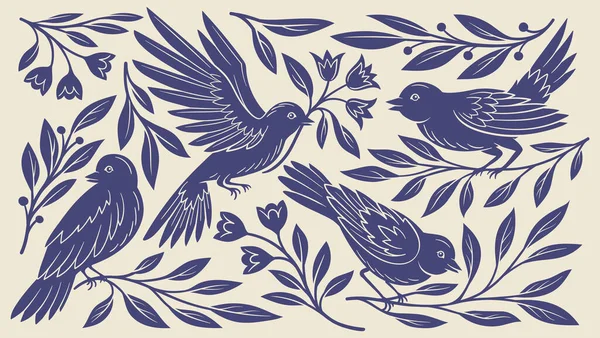 鳥や葉とヴィンテージ彫刻 モノクロの動物と葉を現代的なスタイルで抽象的なポスター 生地および織物の設計のためのパターン 漫画フラットベクターイラスト — ストックベクタ