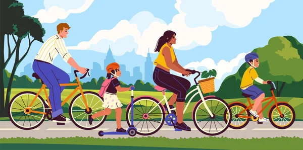 Família Passeios Bicicleta Scooter Cartaz Banner Com Parque Verde Cidade — Vetor de Stock