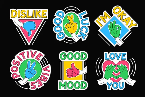 Retro Badges Met Gebaren Bordjes Vintage Stickers Met Vrede Vriendelijkheid — Stockvector