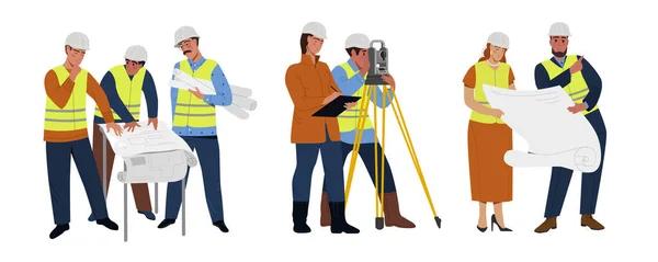 Équipe Constructeurs Prête Surveyeurs Ingénieurs Casques Protection Avec Équipement Théodolite — Image vectorielle
