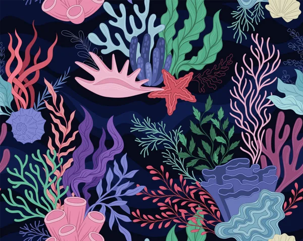 Бесшовный Рисунок Моря Жизнью Повторяют Морскую Печать Раковинами Моллюсками Красочными — стоковый вектор