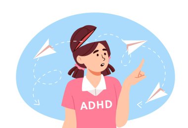 Adhd konsepti olan kız. Ruhsal bozukluğu ve psikolojik hastalığı olan bir çocuk. Çocuk kağıt uçak sayıyor ve onları takip ediyor. Dikkat ve konsantrasyon sorunu. Çizgi film düz vektör çizimi