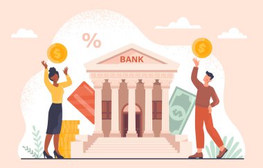 Banka kavramına yakın insanlar. İnşaatın yanında altın paraları olan kadın ve erkek. Banka işlemleri, nakit transferleri ve transferler. Kredi ve kredi, ipotek. Çizgi film düz vektör çizimi