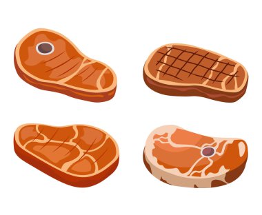 Et ürünleri seti. Biftek ve barbekü için dondurulmuş et. Proteinli doğal ve organik yiyecekler. Izgara için domuz eti, yemek için malzeme. Çizgi film düz vektör koleksiyonu beyaz arkaplanda izole edildi