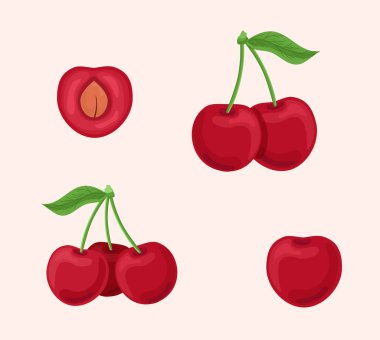 Kiraz seti konsepti. Dallardaki meyveler. Meyve suyu ve olgun organik ürünler. Vitaminle sağlıklı beslenme. Tatlı ve lezzet. Çizgi film düz vektör koleksiyonu bej arkaplanda izole edildi