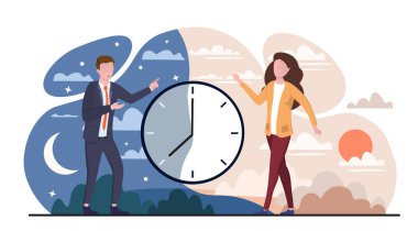 Circadian ritim konsepti. Erkek ve kadın büyük saate yakın. Gündüz genç kız, gece iş adamı. Uyku modu, sağlıklı yaşam tarzı, bilgi grafikleri. Çizgi film düz vektör çizimi