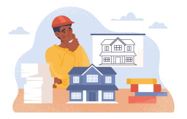 İnşaat mimarı konsepti. Projenin yanında koruyucu şapkalı bir adam var. Mühendis ve müteahhit ev inşa etmeyi düşünüyor. Mimarlık ve mühendislik. Çizgi film düz vektör çizimi