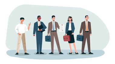 Bir sürü insan kuyrukta bekliyor. Takım elbiseli ve çantalı kadın ve erkekler. İş adamları ve yatırımcılar. İşçiler ve çalışanlar. Alışveriş yapan yurttaşlar. Çizgi film düz vektör çizimi