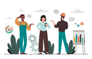 İnsanlar projeyi tartışıyor. Üniformalı ve koruyucu kasklı erkekler ve haritaların yanındaki kadınlar. İnşaatçılar ve mimarlar ortak proje üzerinde çalışırlar. Mühendislik ve inşaat. Çizgi film düz vektör çizimi