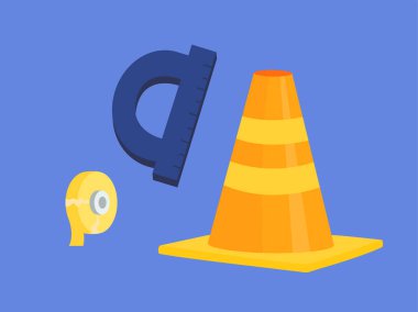 Çalışma araçları ayarlandı. Cetvel, mezura ve işçiler için turuncu koni. İnşaatçılar ve tamirciler. Güvenlik ve koruma. Çizgi film düz vektör koleksiyonu mavi arkaplanda izole edildi