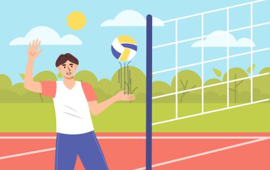 Adam voleybol oynuyor. Sahadaki genç adam. Hareketli aktivite ve spor. Turnuva veya yarışmada sporcu ve sporcu. Topla takım sporu. Çizgi film düz vektör çizimi