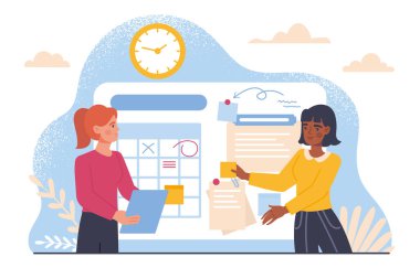 Planlama kurulu konsepti olan kadınlar. Takvime yakın genç kızlar. Ofiste planlama ve planlama. Zaman yönetimi ve verimli iş akışının organizasyonu. Çizgi film düz vektör çizimi