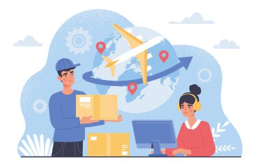 Şirket satın alma malzemeleri konsepti. B2B anlaşmaları ve anlaşmaları. Küreselleşme ve uluslararası ticaret, lojistik. Bilgisayarlı bir kadının yanında kutusu olan bir kurye. Çizgi film düz vektör çizimi