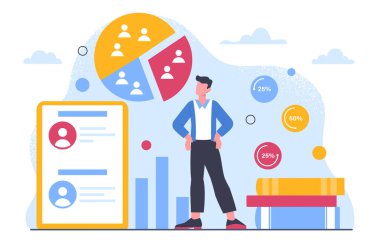 Sosyoloji konsepti olan adam. Toplumla ilgili istatistikleri olan genç bir adam. Karakter çalışmaları demografi. Bilgi grafikleri ve veri görselleştirmesi. Bilimsel araştırma. Çizgi film düz vektör çizimi