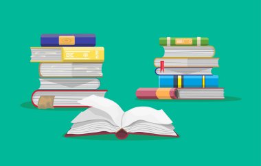 Kitap yığını. Bilgi ve bilgi. Kurgu ve ders kitabı. Okuma, öğrenme, eğitim. Okuma ve edebiyat aşkı. Çizgi film düz vektör koleksiyonu yeşil arkaplanda izole edildi