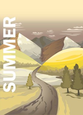 Yol konseptli yaz posteri. Ağaçlar ve tepeler ya da güneşli bir günde dağlar. Seyahat ve seyahat, yolculuk. Yaratıcılık ve sanat. Şablon, yerleşim ve modelleme. Çizgi film düz vektör çizimi