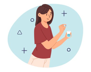 Kadın hap alıyor. Su ve ilaç kullanan genç bir kız. Sağlık ve tedavi hizmetleri. İlaç tedavisi gören biri. Grip ve virüslerin korunması ve önlenmesi. Çizgi film düz vektör çizimi