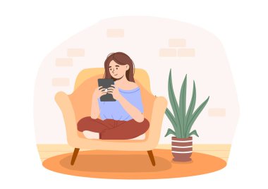 Ev konseptinde çalışan bir kadın. Dijital tabletli genç bir kız. Mesafe çalışanı ve çalışanı. Serbest Çalışan internetten para kazanıyor. Rahat bir iş yeri. Çizgi film düz vektör çizimi