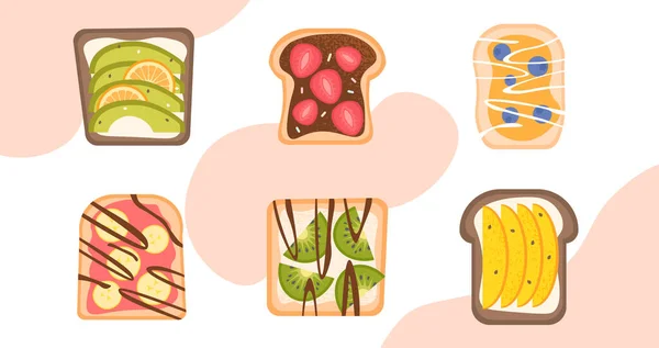 Een Set Sandwiches Concept Brood Met Groenten Fruit Traditioneel Ontbijt — Stockvector