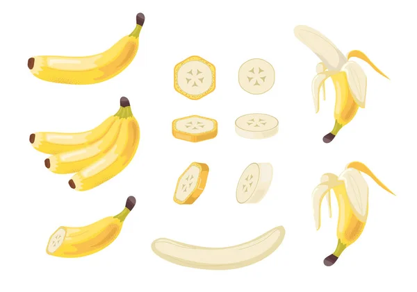 Set Banane Prodotti Naturali Biologici Fette Frutta Con Vitamine Dolce — Vettoriale Stock