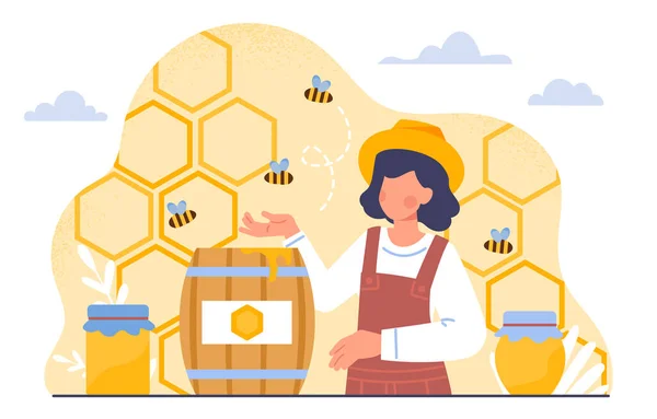Woman Honey Concept Young Guy Bees Barrel Sweet Product Natural — Stock Vector