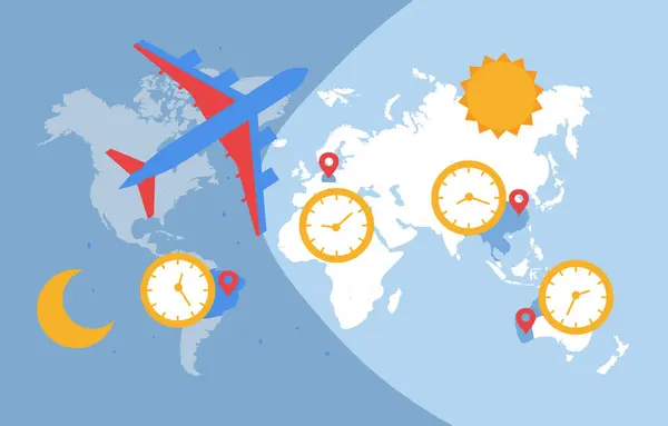 国际时间图概念 在大陆上空的飞机 旅行和旅游 测量时间的仪器 布局和模型 卡通平面矢量插图 — 图库矢量图片