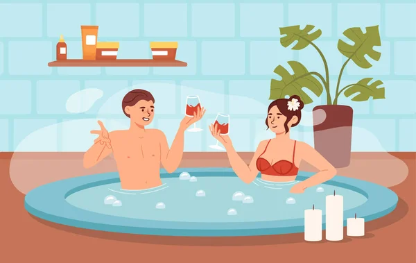 ジャグジーのコンセプトの人たち お風呂にワイングラスを持った男女 休んでリラックスして 一緒に楽しむ若いカップル ロマンチックなデートの男と女の子 漫画フラットベクターイラスト — ストックベクタ