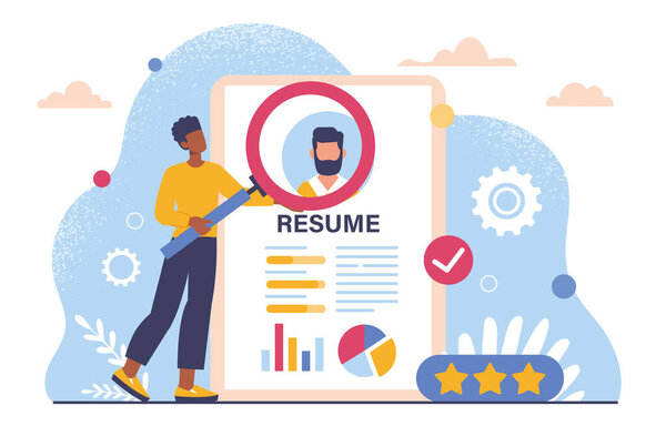 Man with resume concept. Young guy with magnifying glass near document, CV. HR manager evaluates candidate for vacancy. Headhunting and recruitment. Cartoon flat vector illustration