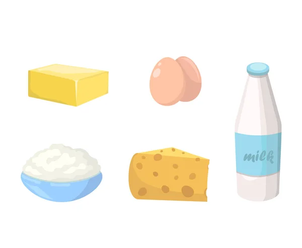 一套乳制品 奶酪和鸡蛋 含有蛋白质的天然和有机食品 健康的饮食 在白色背景下孤立的卡通平面矢量集合 — 图库矢量图片