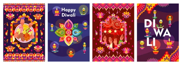 Абстрактные Плакаты Праздничным Набором Дивали Красочные Плакаты Индийскими Огнями Фестиваля — стоковый вектор