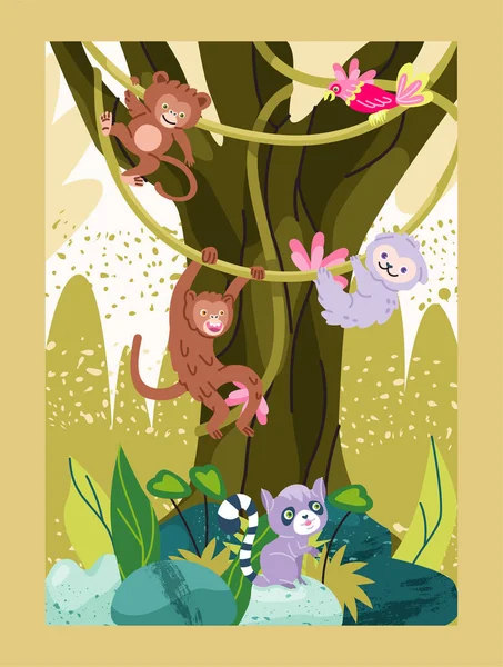 Jungle Animals Poster Banner Tropical Flowers Plant Exotic Animal Bird — Stock Vector