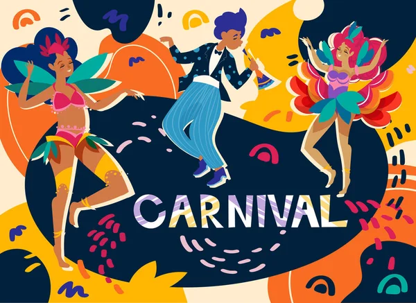 Poster Carnival Brazil Colorful Banner Dancers Traditional Masquerade Costumes Musician — Stock Vector