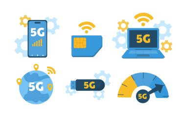 5G aygıtları ayarlandı. Laptop, akıllı telefon ve kablosuz bağlantısı olan USB. İnternet ve cihazların çevrimiçi senkronizasyonu. Çizgi film düz vektör koleksiyonu beyaz arkaplanda izole edildi