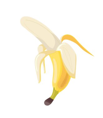 Muz konsepti. Doğal ve organik ürünler. Tropik ve egzotik bir tatlı. Vitaminle sağlıklı beslenme. Poster ya da afiş. Çizgi film düz vektör çizimi beyaz arkaplanda izole edildi