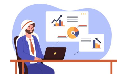 İş yerindeki Arap işadamı konsepti. Grafik ve diyagramların yanında dizüstü bilgisayarı olan tesettürlü bir adam. İstatistikler ve bilgilerle çalışın. Bilgi grafikleri ve veri görselleştirmesi. Çizgi film düz vektör çizimi