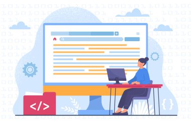 Kod konsepti olan bir kadın geliştirici. Programcı ve bilişim uzmanı mobil uygulama ve program, web sayfası geliştirir. Bilgisayar dili olan genç bir kız. Çizgi film düz vektör çizimi