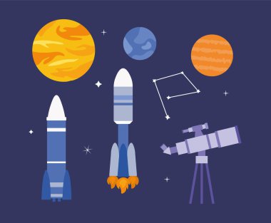 Galaksi nesneleri ayarlandı. Teleskop ve roketler takımyıldızı yakınlarında. Astroloji ve astronomi. Evrenler ve gezegenler. Poster ya da afiş. Çizgi film düz vektör koleksiyonu yıldızlı arkaplanda izole edildi