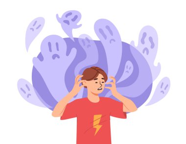 Man with hallucinations in head concept. Young guy on background of ghosts. Fear and horror. Paranoia and schizophrenia. Mental problems and psychological disorders. Cartoon flat vector illustration clipart
