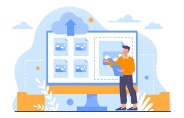 Görüntü yükleyen adam konsept yükler. Bilgisayar monitörünün yanındaki genç adam. Dijital arşiv ya da elektronik depo. Şirket sunucusu ve bulut servisi olan bir işçi. Çizgi film düz vektör çizimi