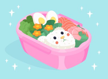 Pembe konteynır konseptinde Japon yemeği. Deniz ürünleri ve sebzeli pilav. Sağlıklı yiyecekler, doğal ve organik ürünler. Japon ve Kore mutfağı. Çizgi film düz vektör çizimi